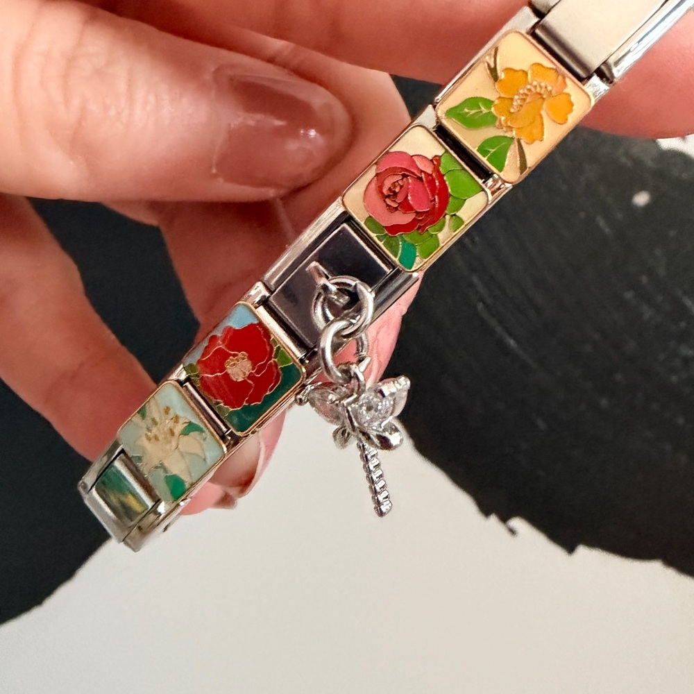 Garden Bloom Italian Charm Bracelet with Dragonfly Dangle – Floral Enamel - Picture 3 of 6